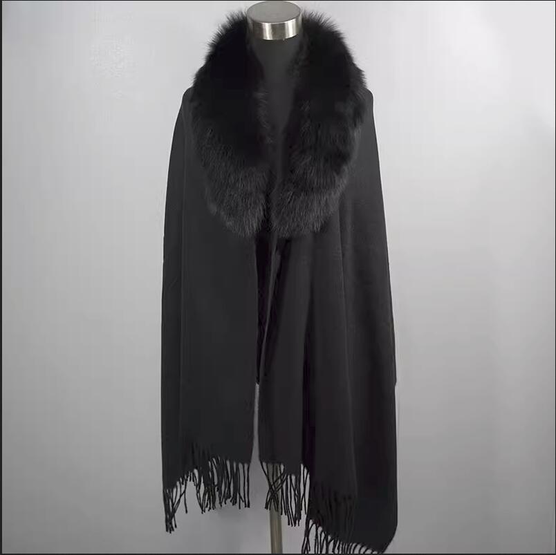 Écharpe de style long avec col en fourrure de renard véritable pour femme, châle moelleux, enveloppes d'hiver, 100% laine