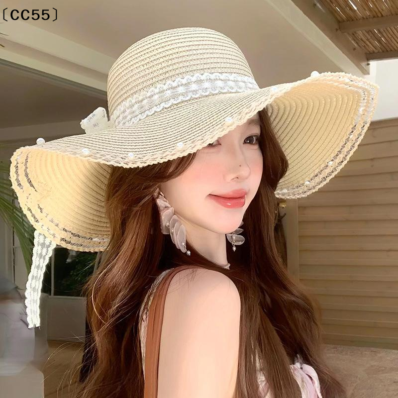 Chapeau de plage à nœud pour femme, chapeau de paille surdimensionné, chapeau d'été à grand bord pour femme, adapté à la protection solaire〔CC55〕