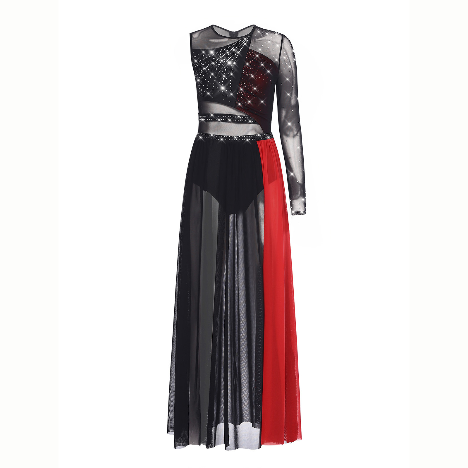 Robe de danse lyrique moderne pour femmes, fendue sur le côté, maille transparente, strass, justaucorps de gymnastique, patinage, vêtements de danse contemporains