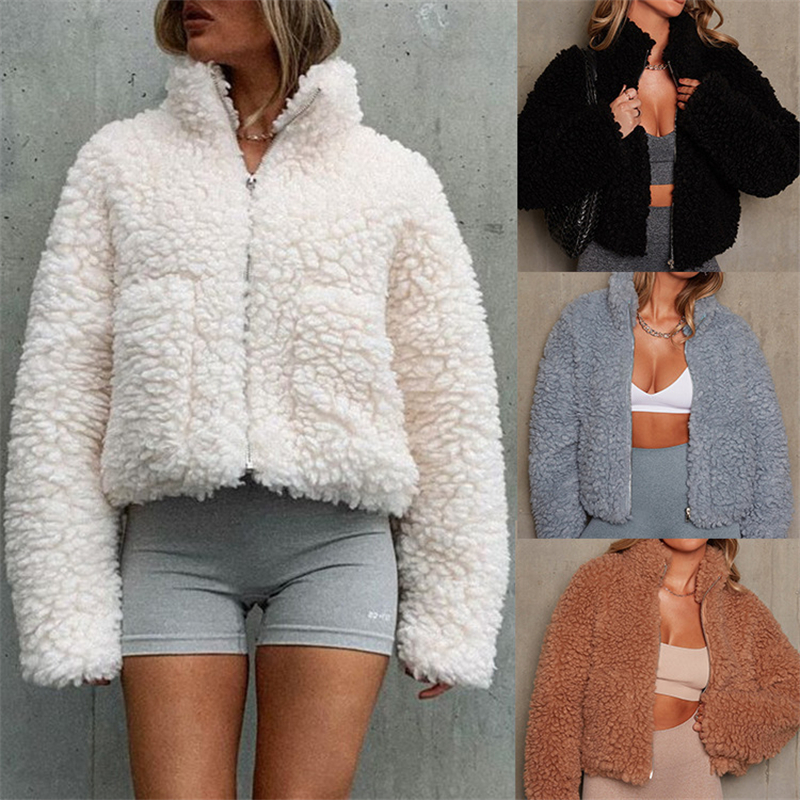 Manteau court en laine d'agneau pour femme, pardessus épais et chaud pour femme, vestes à col roulé à manches longues, streetwear à la mode, automne et hiver 2023