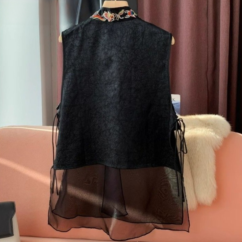 Style chinois femmes gilet manteaux Patchwork gaze broderie gilet 2025 Ropa Mujer Vintage réservoirs amples vestes surdimensionné hauts