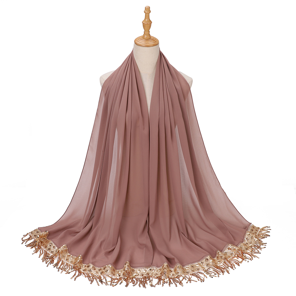 Châles en mousseline de luxe à sequins et pompons, hijabs, foulards longs unis pour femmes musulmanes, couvre-chefs pour mariage, Ramadan, Aïd