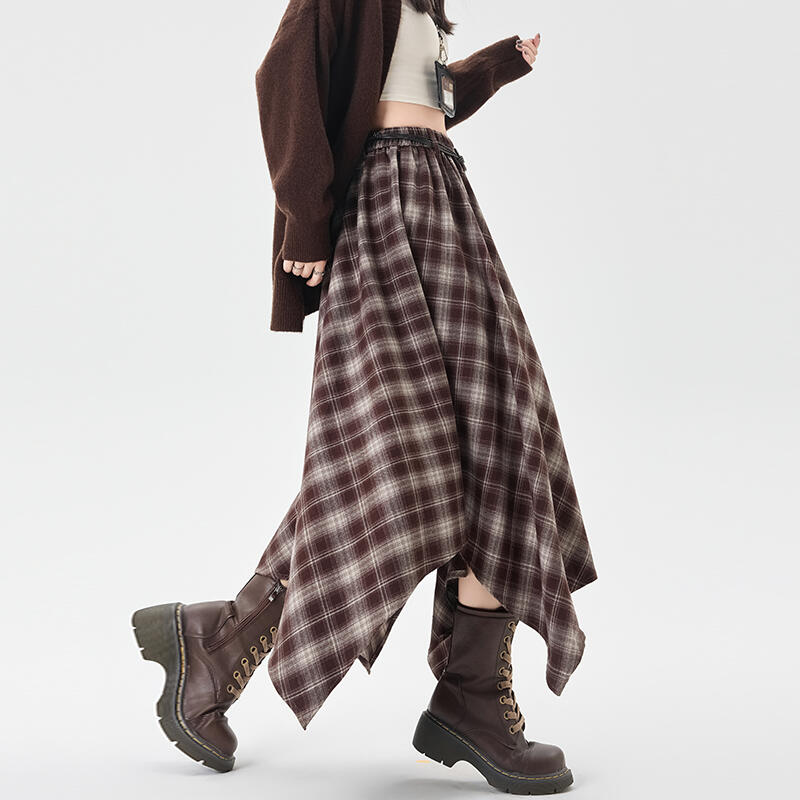 Jupe à carreaux pour femmes, taille élastique, ligne A, rétro, haute rue, mode coréenne, irrégulière, polyvalente, mi-longue, automne