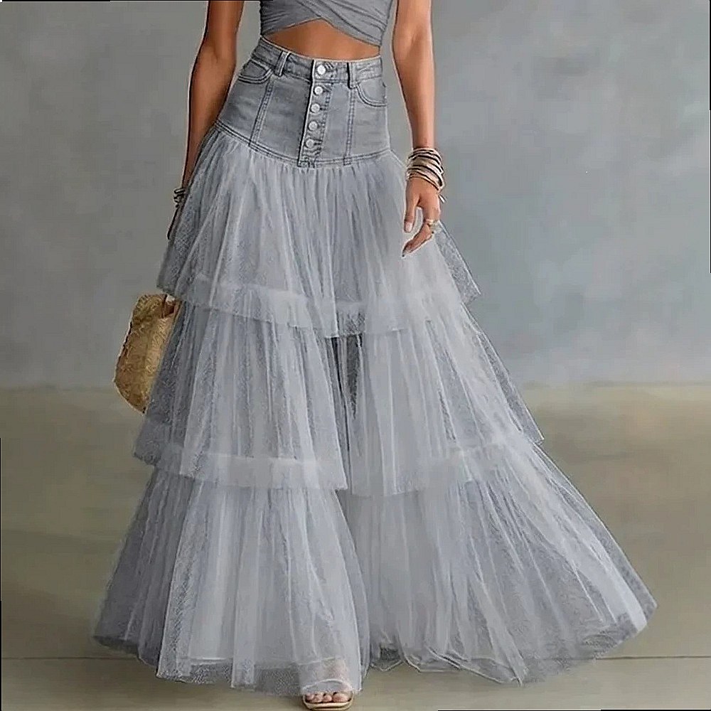 Jupe en jean superposée à empiècements en maille pour femme, taille haute, coupe trapèze, collection Printemps-Été 2026