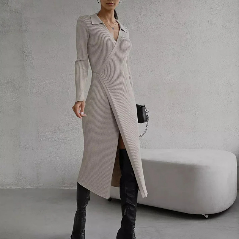Robes tricotées femmes tricot robe longue à lacets col rabattu robe Maxi fendue robes Vintage Sexy automne hiver 2025
