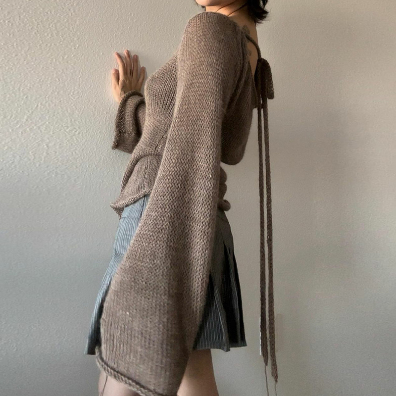 Pull tricoté à manches longues et col bateau pour femme, haut à nouer, dos nu, mode coréenne Y2K, Vintage, automne