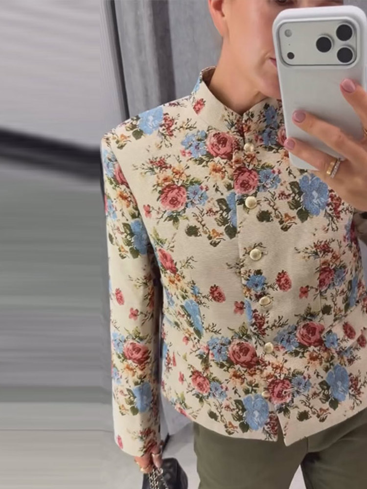Manteau Chic Imprimé pour Femme, Manches Longues, Col Montant, Boutonnage Simple, Poches, Collection Automne 2026, Vêtement d'Extérieur Tendance pour Femme