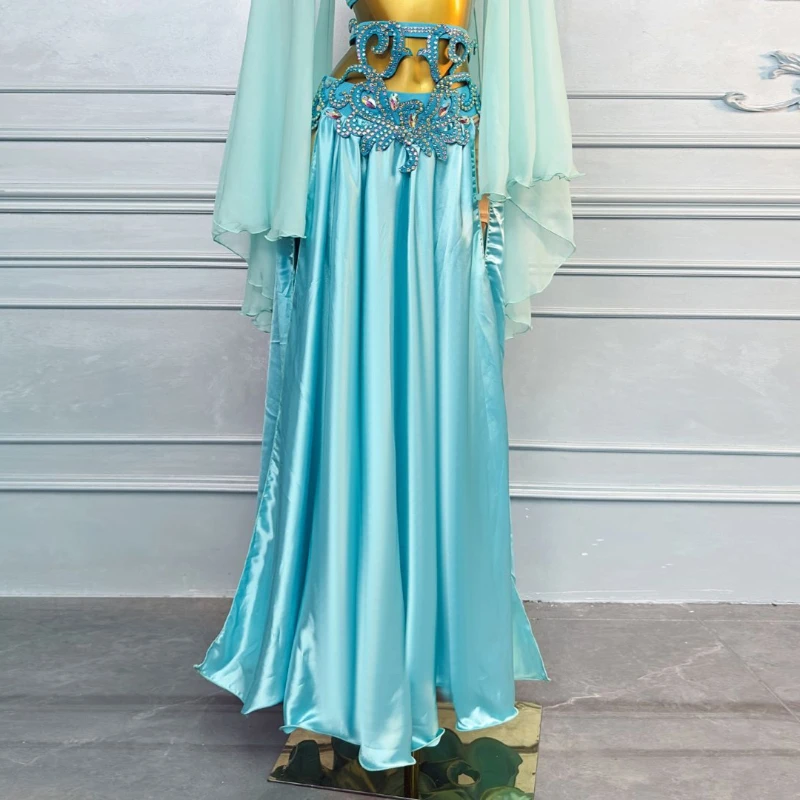 Costume de spectacle de danse du ventre pour femmes, ensemble de luxe élégant en mousseline de soie avec strass, tenue de compétition de danse du ventre orientale pour adultes