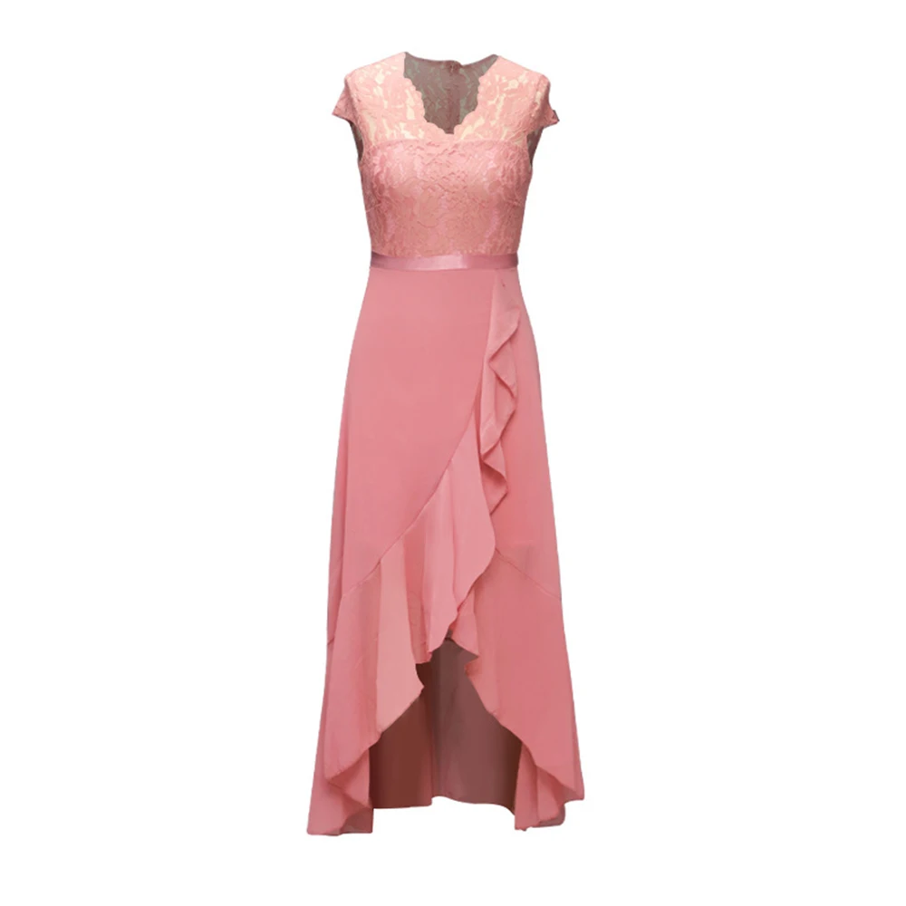 Robe de soirée pour femmes, élégante, mode, sans manches, dentelle épissée, mousseline de soie, à volants, ourlet irrégulier, robes longues de Cocktail, été