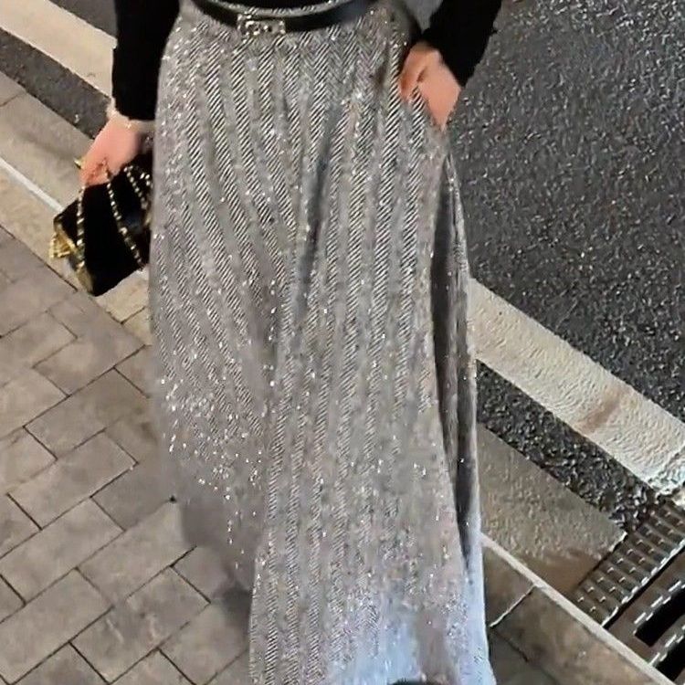 Jupe Style coréen femmes gris taille haute paillettes jupes en laine Faldas Largas Юбка concepteur de luxe tendance Jupe longue