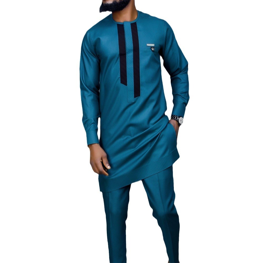 Ensemble africain traditionnel ethnique pour hommes, col rond, poche, proximité en Y, Wstring, Fjsoak, ensemble décontracté, tenues africaines, 2 pièces