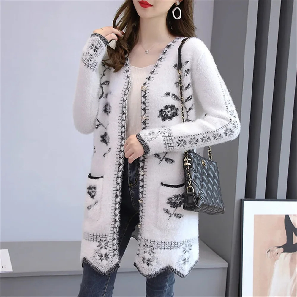 Cardigan en maille ample et très extensible pour femme, nouvelle collection printemps coréenne, motif floral, pull à manches longues, vêtements