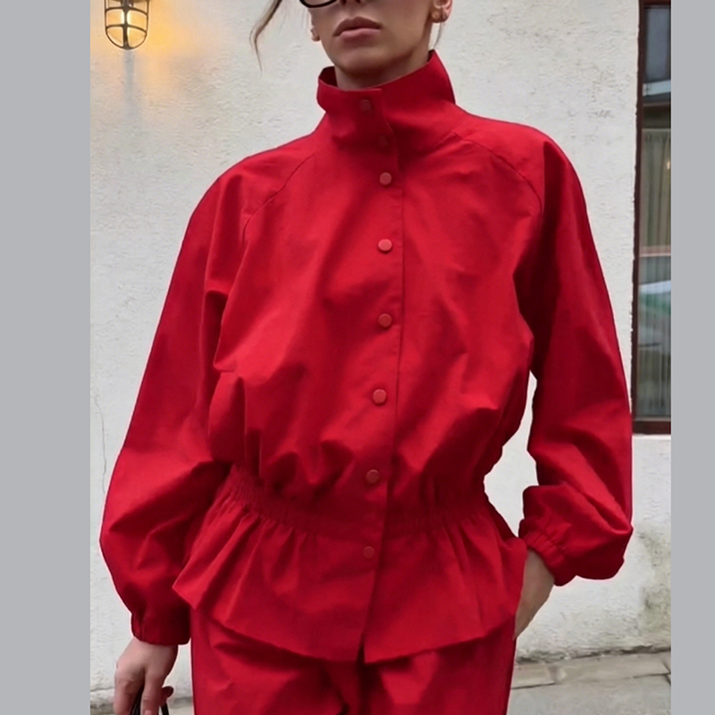 Veste Décontractée Sportive Rouge à Col et Fermeture, Volants Plissés, Taille Ajustable, Manteau Décontracté, Nouvelle Collection Automne 2026, Veste Femme Tendance Streetwear