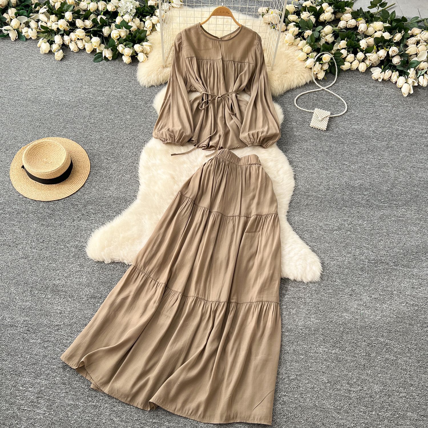 Ensemble jupe pour femmes, ensemble deux pièces, col rond, élégant, décontracté, hauts amples, ligne A, jupes longues, taille élastique, Streetwear Y2k