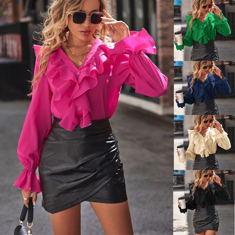 Printemps et automne mode femme col en v à volants simple boutonnage chemise décontractée Rose rouge élégant femmes à manches longues bureau Blouse