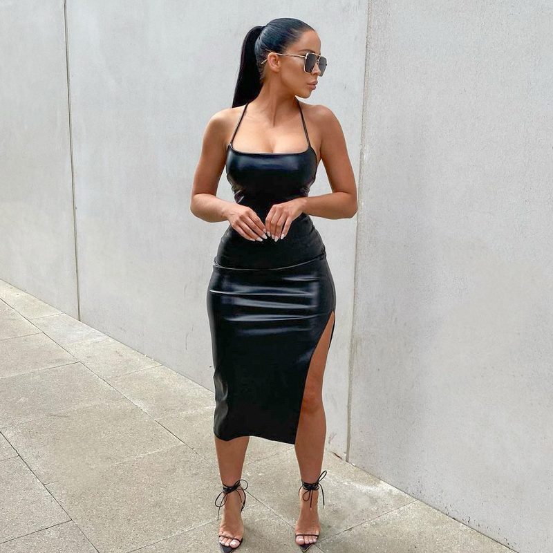 Femmes Sexy jarretelle mi-longue robe moulante mode couleur unie en cuir pansement dos nu maigre robe fendue pour femme Mujer