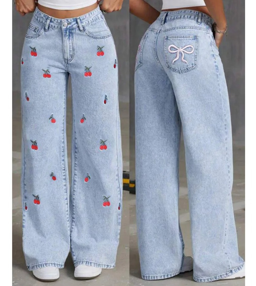 Denim pantalon à jambes larges femmes jean broderie taille haute en détresse lavé maman poches Vintage longueur de plancher pantalon Streetwear