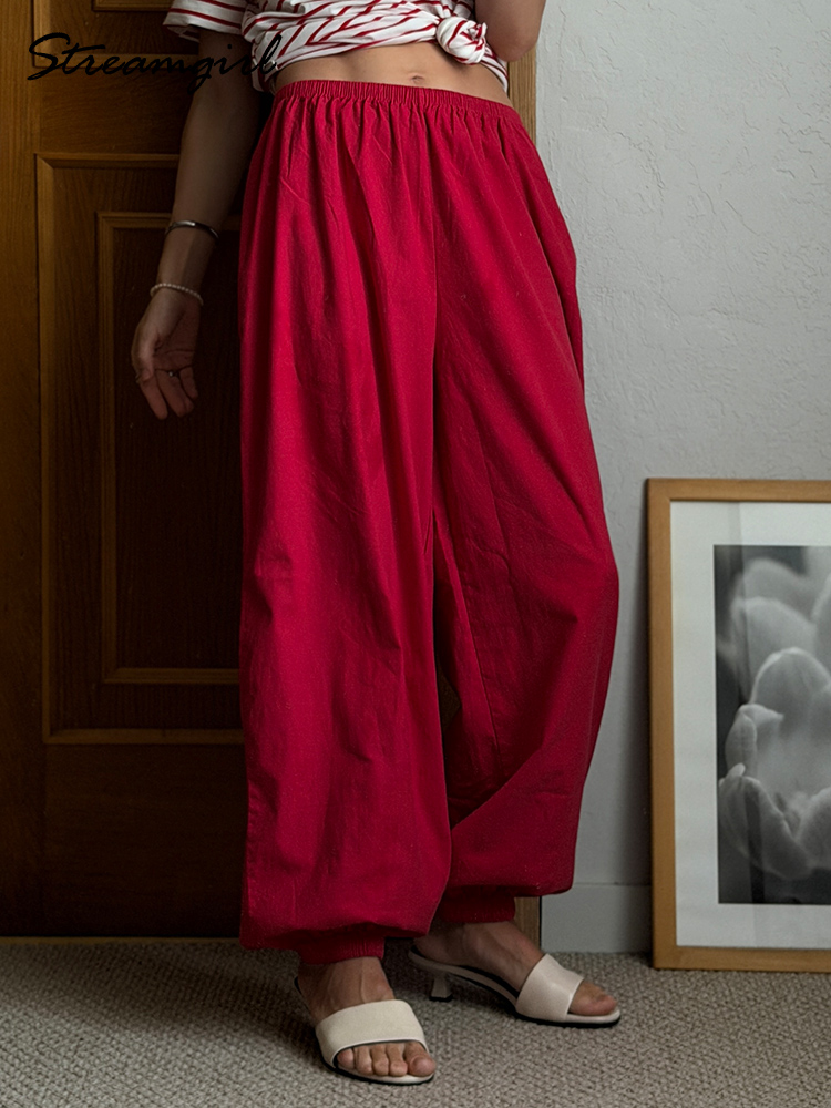 Pantalon large rouge pour femme, en coton, long, blanc, taille élastique, style lanterne, pour l'automne, pantalon droit de sport pour femme