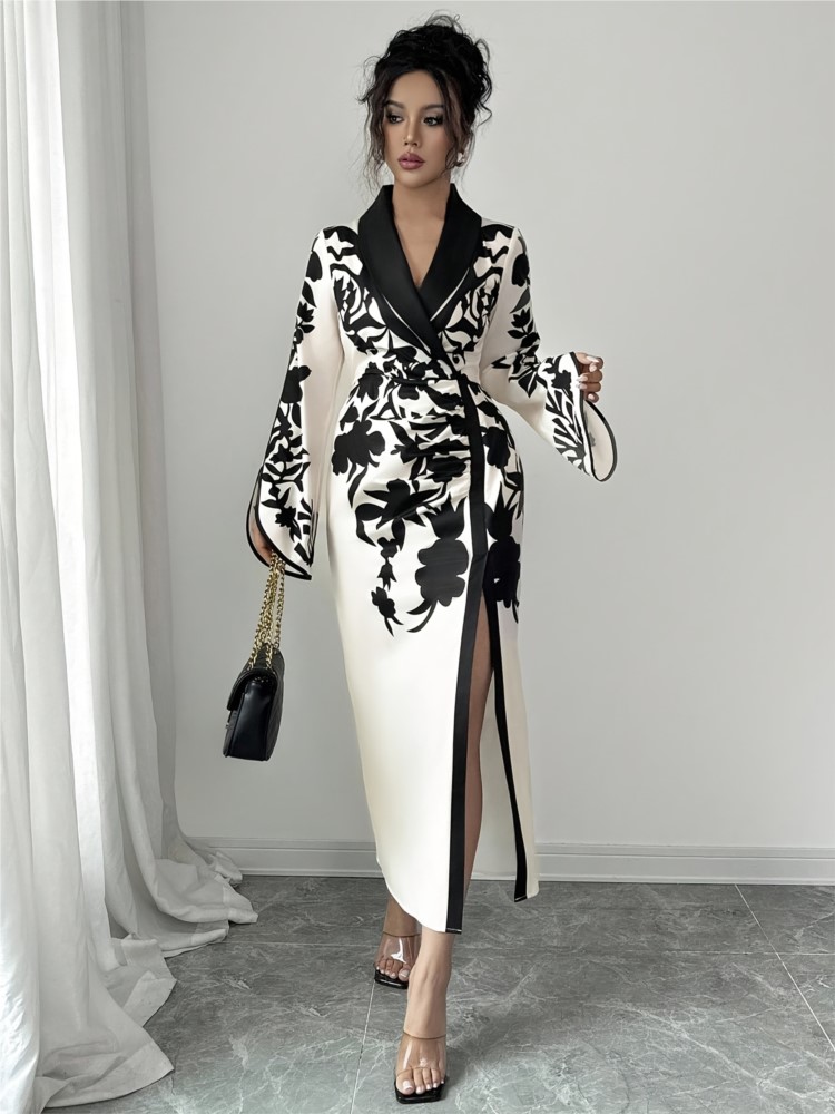 Robe d'automne femmes fleur florale élégante mode taille mince dames robes fendu Sexy moulante femme robe mi-longue