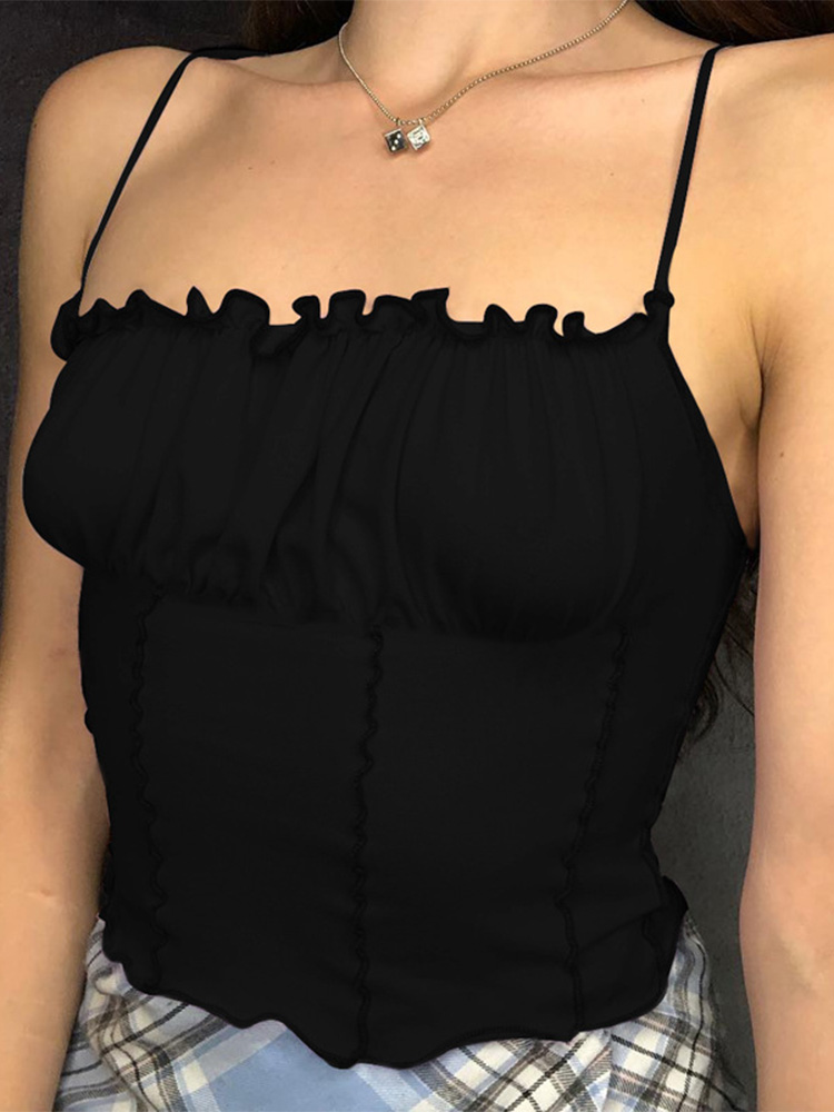Débardeur Sexy à volants pour femmes, mode dames, sans manches, sans bretelles, froncé, Slim, haut court, Camisole, vêtements féminins, été 2024