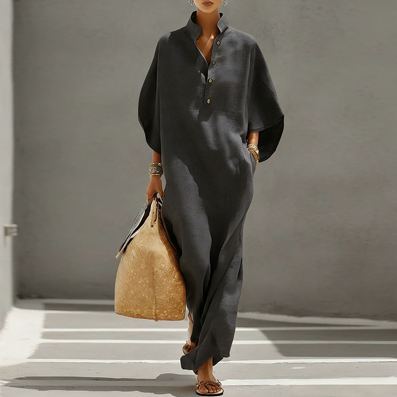 Robe longue bohème pour les vacances d'été, robe de soirée élégante à col montant et boutons pour femme, robe maxi ample à manches chauve-souris pour le printemps