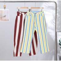Pantalon large pour femme, style bohème, à rayures colorées et empiècements, taille haute, multicolore, coupe ajustée, pour soirée et streetwear