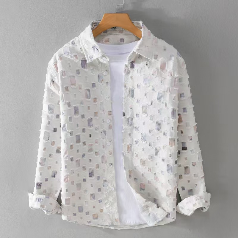 Chemise à col rabattu pour hommes, manteau imprimé à trous cassés, hauts à manches longues, amples, à la mode, chemises de haute qualité, printemps-automne