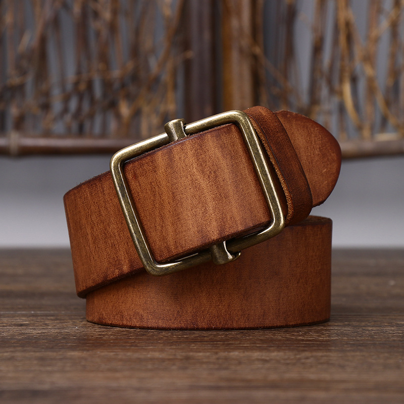Nouvelle ceinture en cuir non perforée pour homme, boucle lisse, couche supérieure en cuir de vachette, ceinture en jean rétro simple et polyvalente