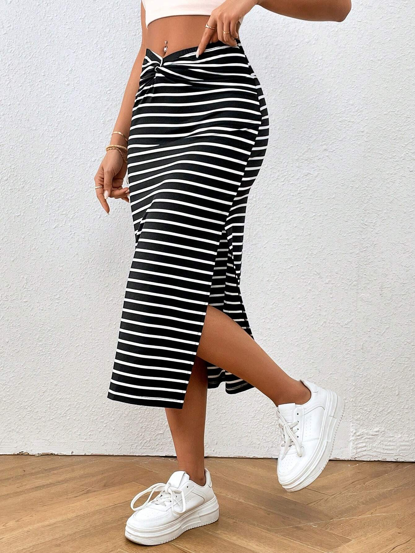 Jupe midi fendue à taille nouée rayée pour femme