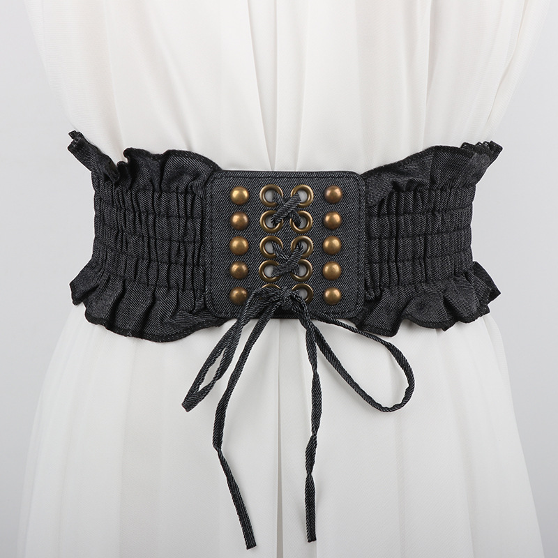 10x66cm élégant volants larges ceintures Denim bleu à lacets taille ceinture Vintage élastique ceinture tenue décontractée manteau ceinture pour les femmes