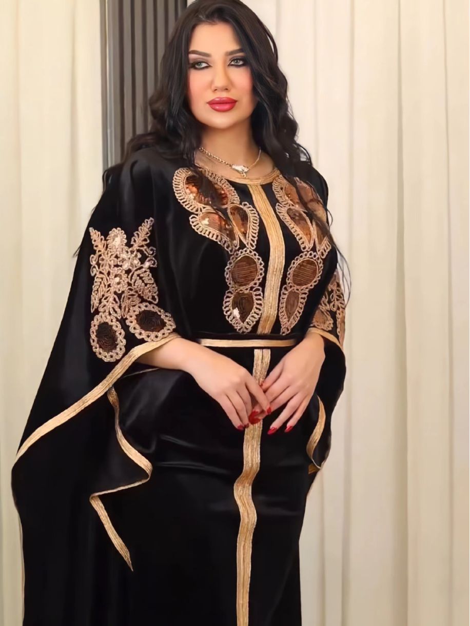 Robe longue marocaine à manches chauve-souris pour le Ramadan, mode musulmane de luxe, robe arabe du Moyen-Orient, paillettes dorées, velours, Turkiye Dubaï