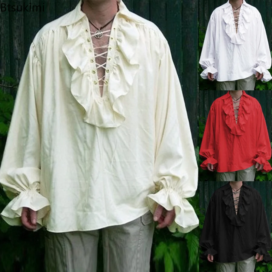 Costume Renaissance à manches longues à volants pour hommes, costume Steampunk médiéval à lacets, chemise Cosplay Prince Drama, costume de scène, Y-E 7,5