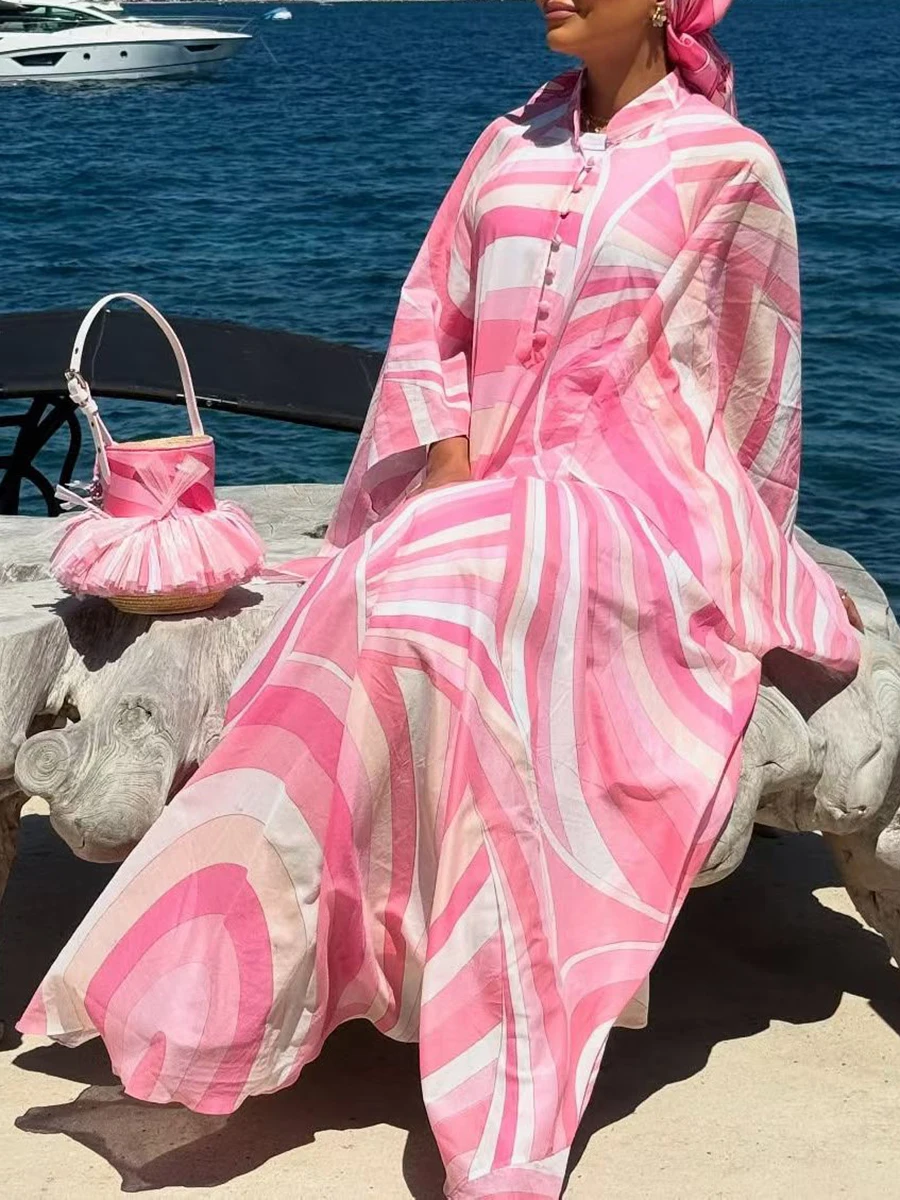 Nouvelle robe longue kaftan haut de gamme pour femme, imprimée color block, col montant, manches évasées à bordure feuille de lotus, idéale pour les voyages et les vacances