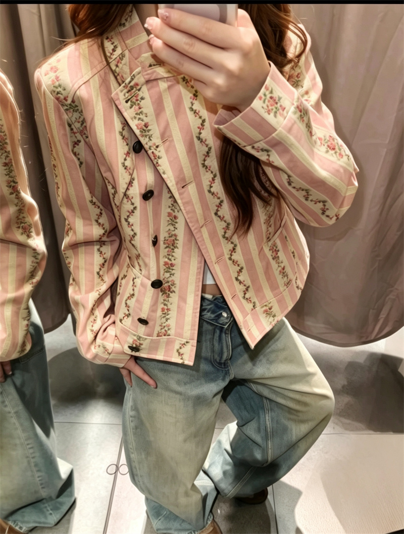 Veste à col montant pour femme Guobioziy, manches longues, manteau à rayures jacquard et motif floral, mode automne précoce