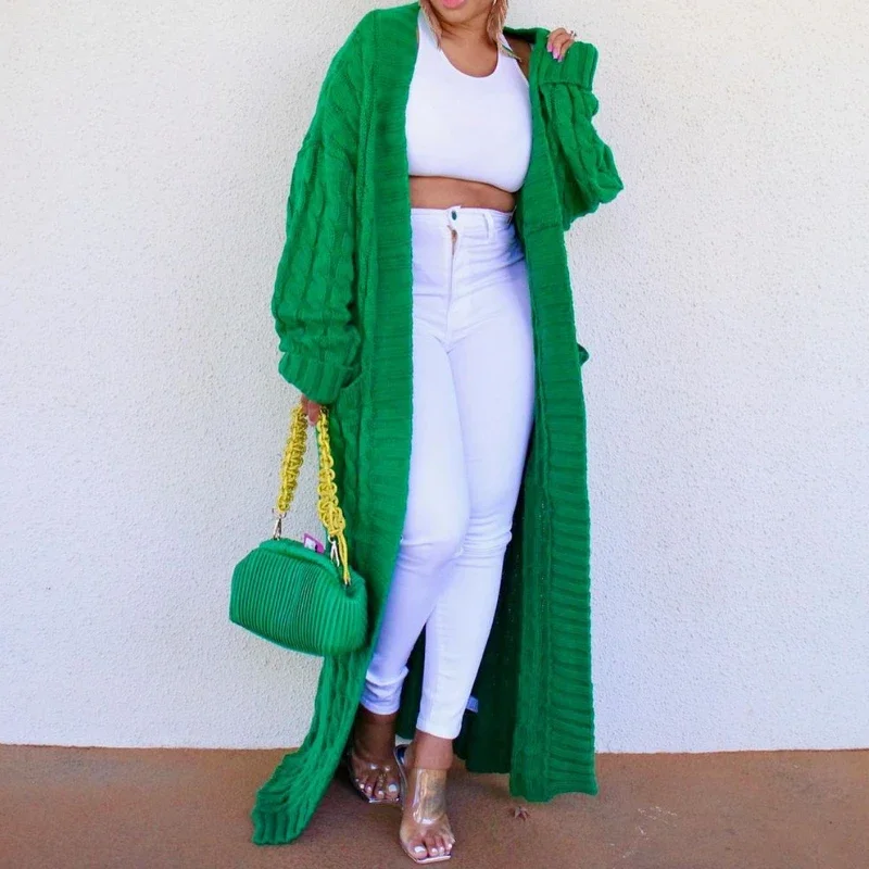 Cardigan Long pour femme, veste tricotée, vert, Crochet, ample, manches longues, pull chaud, décontracté, automne hiver