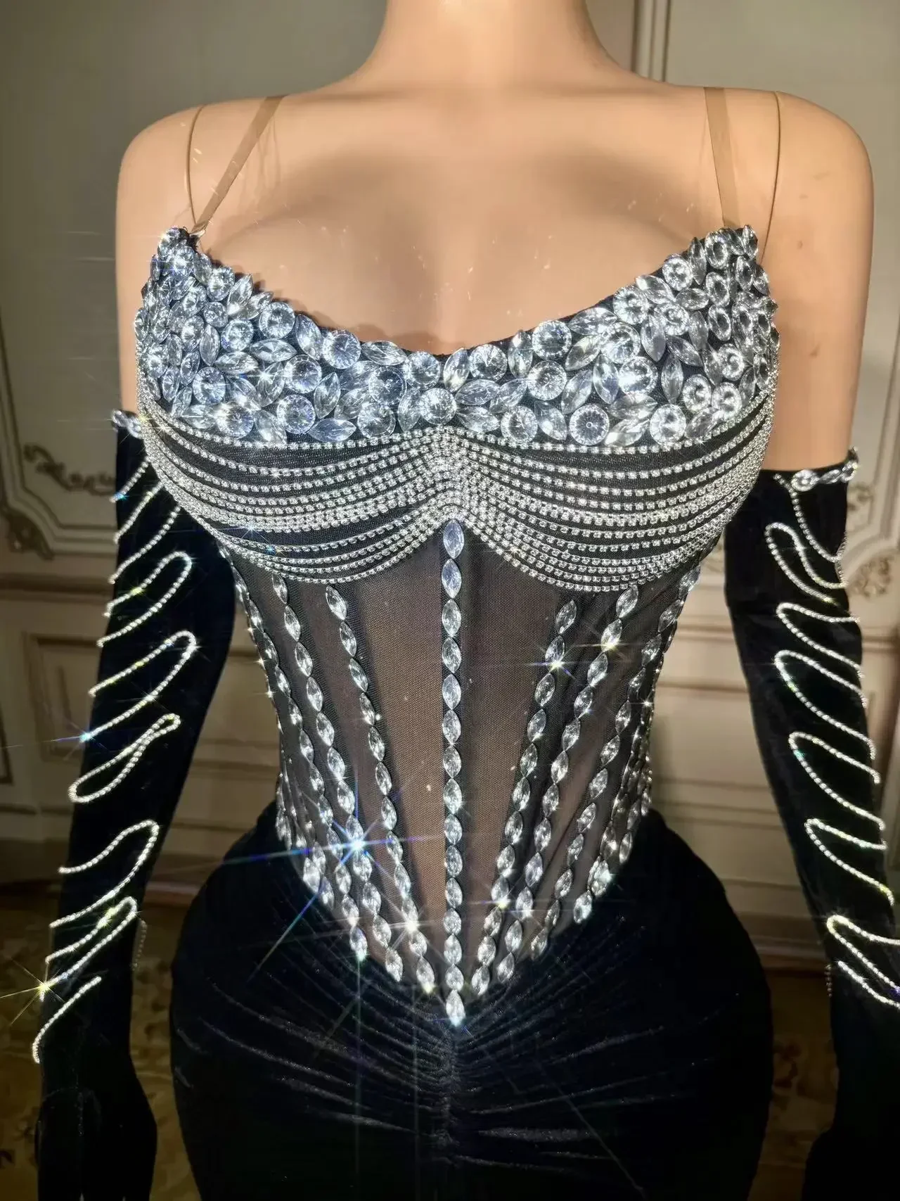 Robe longue en velours noir pour femme, maille transparente, manches longues, boîte de nuit, vêtements de soirée, costume de scène