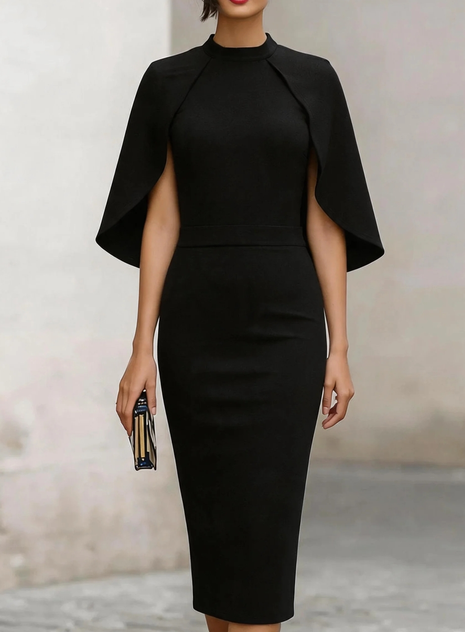 Robe midi élégante à col haut et manches cape, ajustée avec détail à la taille, pour femme, pour occasions formelles et soirées.