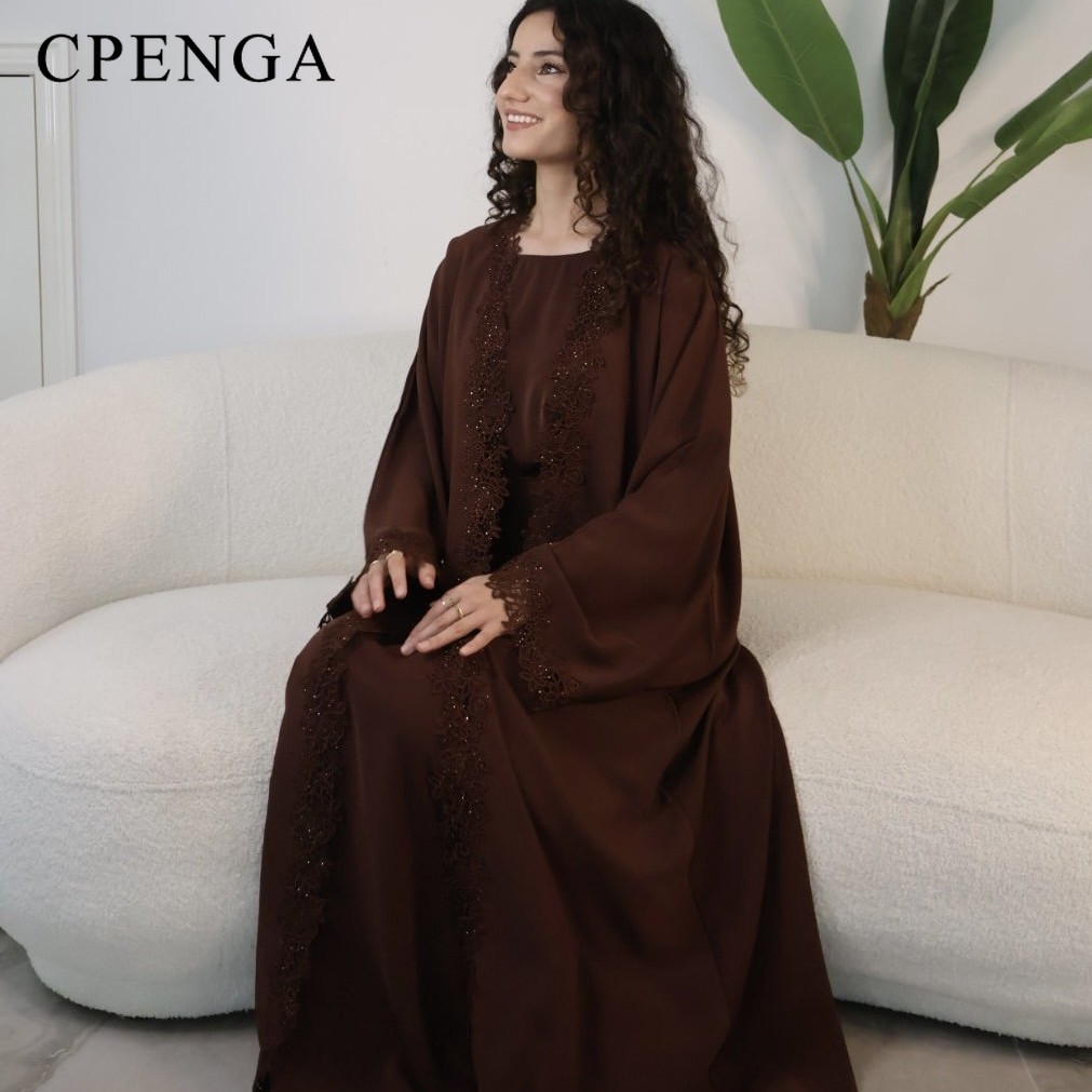 Ensemble de 3 pièces de luxe pour femmes, hijab, abaya, robe de soirée musulmane, kaftan de Dubaï, dentelle florale perlée, tenue de fête modeste pour l'Aïd
