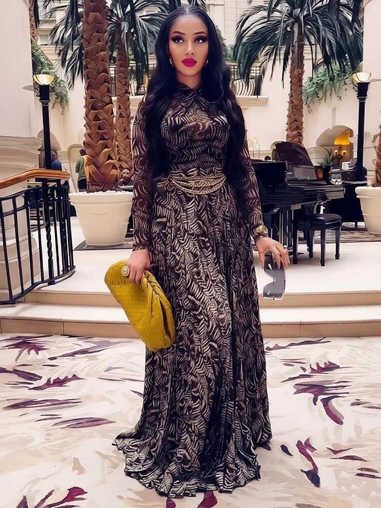 Robe longue à manches longues pour femme, imprimée, élégante, plissée, amincissante à la taille, vente en gros, livraison directe