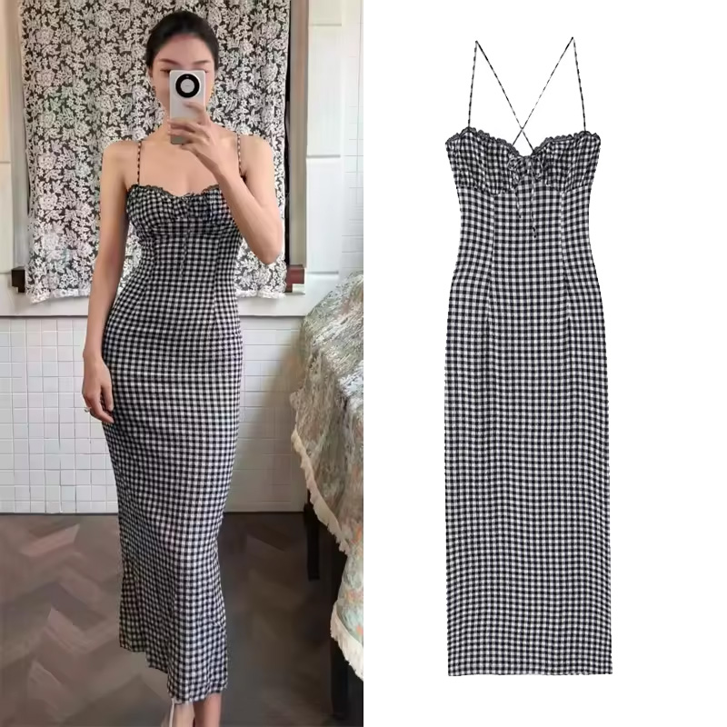 Nouvelle Robe Midi Élégante à Carreaux pour Femme Été 2026 – Robe Longue Sans Manches à Bretelles Larges pour Femme