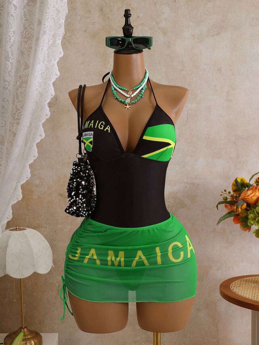 Maillot de bain une pièce pour femme, imprimé drapeau jamaïcain, dos nu, décolleté plongeant, sans manches, coupe haute, style Y2K streetwear, pour l'été et la plage
