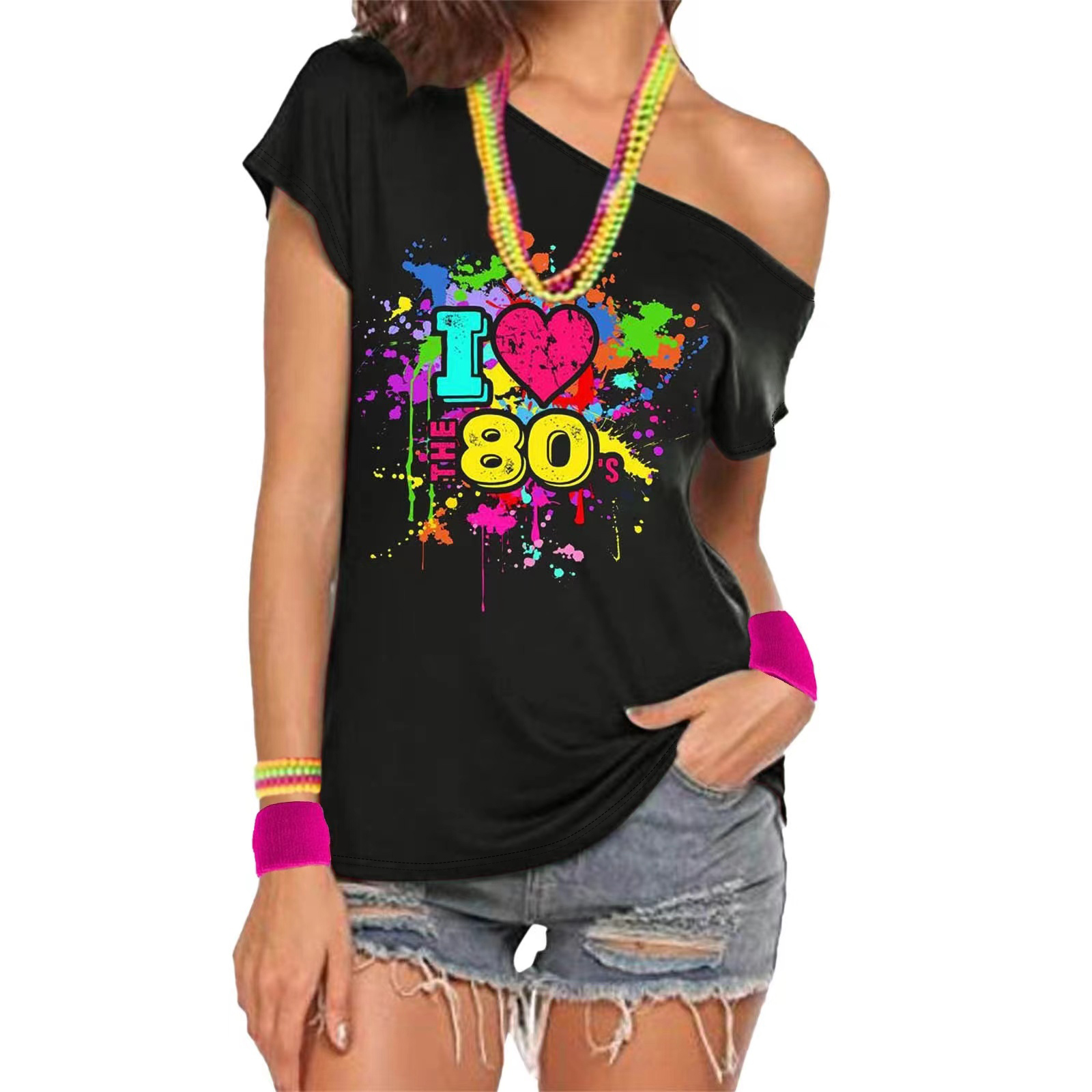 Costume des années 80 pour femme, t-shirts à épaules dénudées, vêtements fantaisie pour déguisement