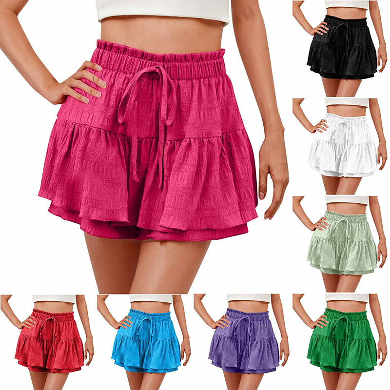 Jupe-short décontractée pour femme, mode estivale, à volants, couleur unie, avec cordon de serrage et doublure