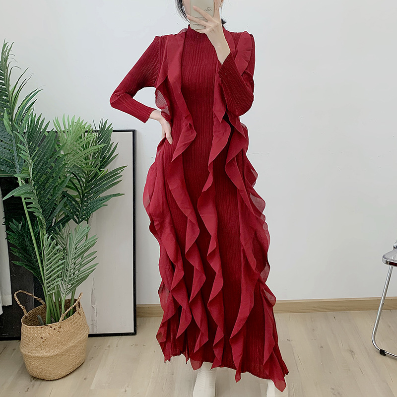 Robe plissée Miyake 2026 à col roulé en dentelle, plissée épaisse, manches longues, décontractée, élégante, de créateur, vêtements vintage