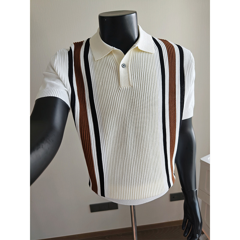 Polo tricoté en soie glacée à manches courtes pour homme 2026 – T-shirt décontracté à rayures, style business, color block, streetwear tendance