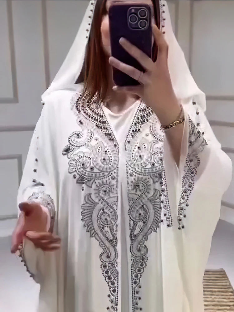 Eid Robe musulmane pour femmes à capuche Abaya 2 pièces ensemble diamant Jalabiya Maroc robes de soirée dubaï Abayas caftan Robe longue Robe