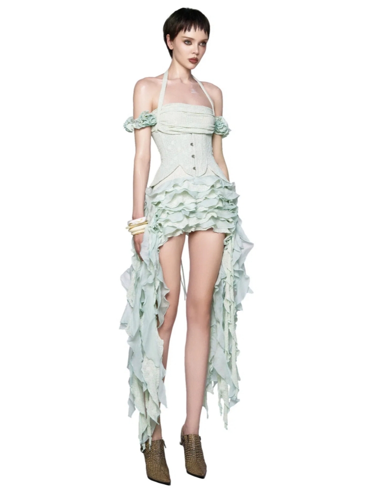 Robe drapée à volants pour femmes, ensemble trois pièces, Sexy, col licou, pliable, haut Corset à lacets, short, costumes de fête, Cocktail