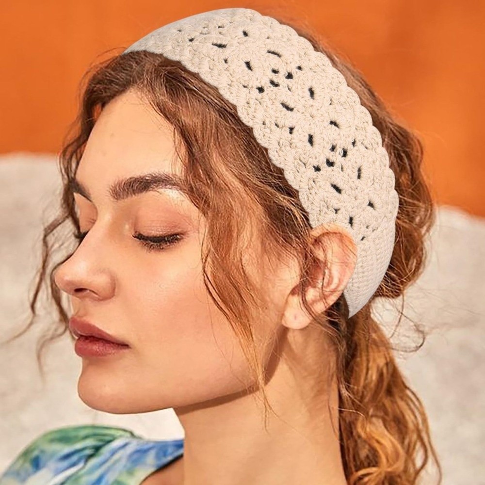 Bandeau Bohème Floral Fait Main au Crochet, Foulard Cheveux Couleur Unie, Bandeau Tricoté Creux