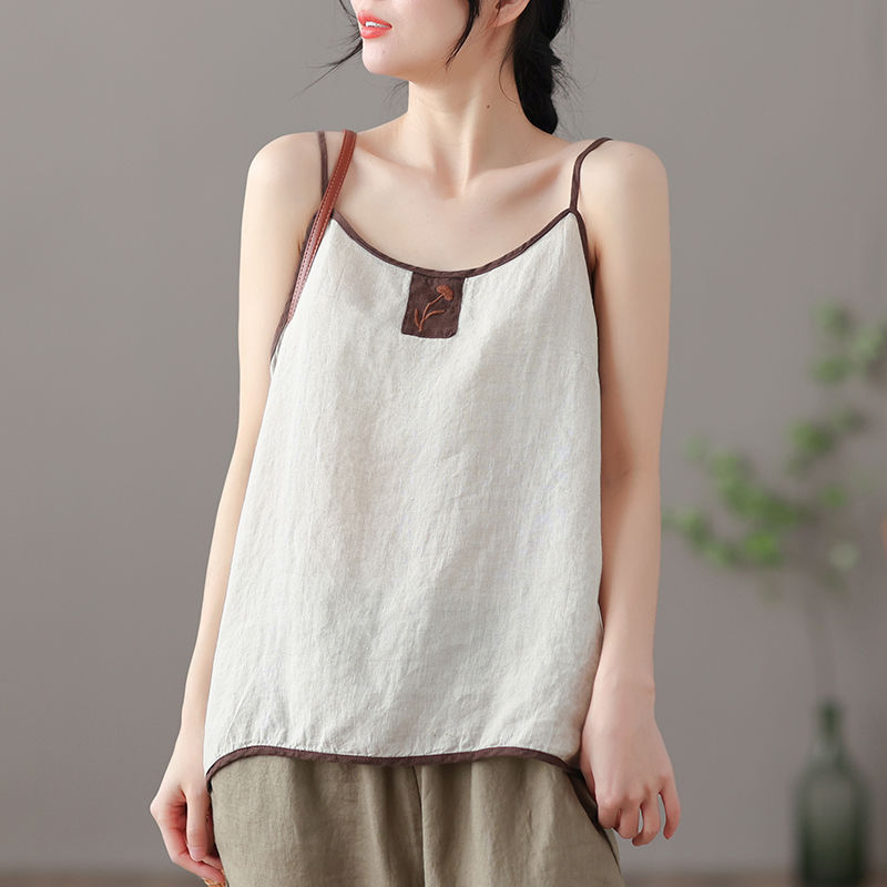 Débardeur en coton et lin pour femmes, camisole vintage chic Harajuku, sacoche brodée
