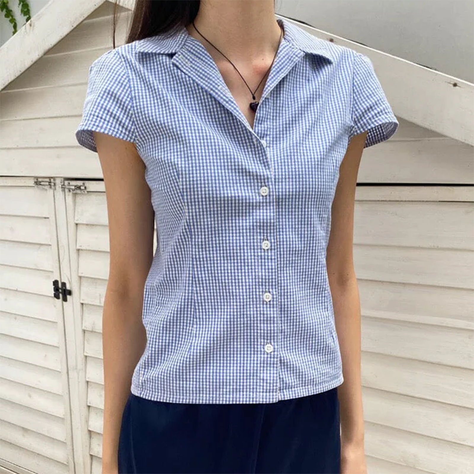 Chemise d'été décontractée pour femmes, coupe cintrée, manches courtes, revers boutonné, couleur unie/imprimé rayé, hauts Vintage